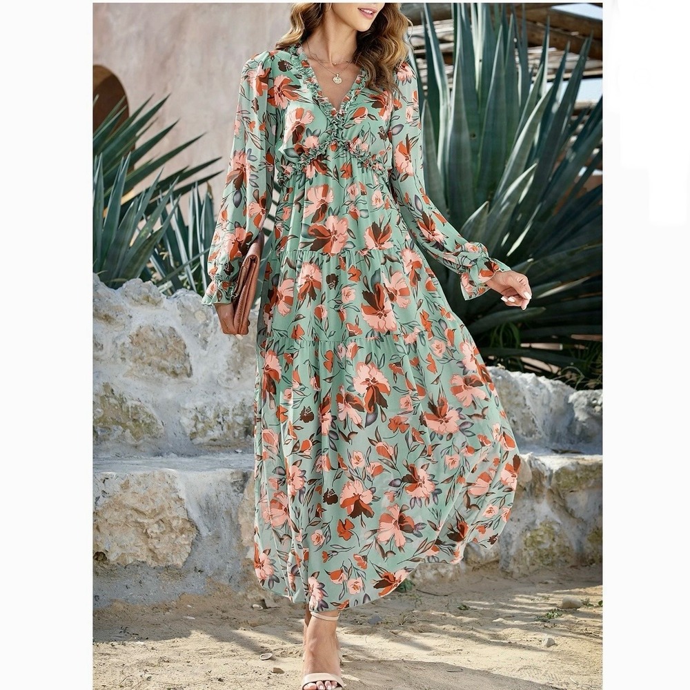 Floral Tiered Maxi Dress Sz S Sage Green Boho Ruffle Wedding Whimsy Fairy Praire